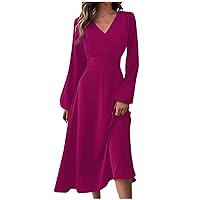 Formal Long Sleeve Midi Dress Trendy Sexy V Neck Ruched Flowy Party Dress Casual Elegant Floral Smocked Swing Dress