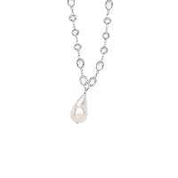 925 Sterling Silver Rhodium Plated White Topaz Dangle White Baroque Pearl Necklace 18 Inch Jewelry for Women