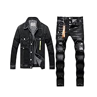 Men's Spring Summer Black Side Seam Pocket Denim Jacket + Ripped Hole Jeans 2Pcs Set