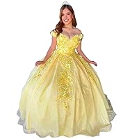 Quinceanera Dresses Glitter Sequined Ball Gown with 3D Lace Flowers Off The Shoulder V Neck Prom Sweet 16 Dresses