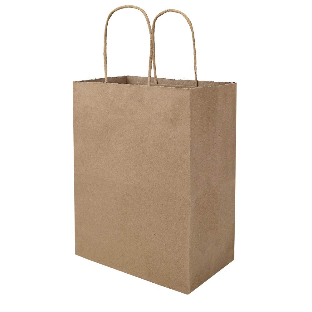 bagmad Plain Medium Paper Kraft Gift Bags with Handles Bulk, Brown, Sacks for Craft Grocery Shopping Retail Birthday Party Favors Wedding , 100 Pack 8x4.75x10 inch
