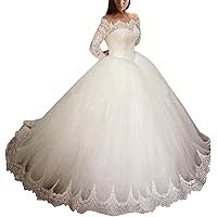 Plus Size Off Shoulder Elegant Bridal Ball Gowns Train Lace Sequins Wedding Dresses for Bride Long Sleeve