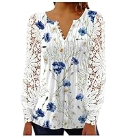 Spring Tops for Women 2024 Trendy Fashion Long Sleeve Lace Tops Dressy Casual Button V Neck Loose Blouses Plus Size Cute Graphic Tees Comfy Boho Tshirts Elegant Shirts Easter(H Sky Blue,Medium)