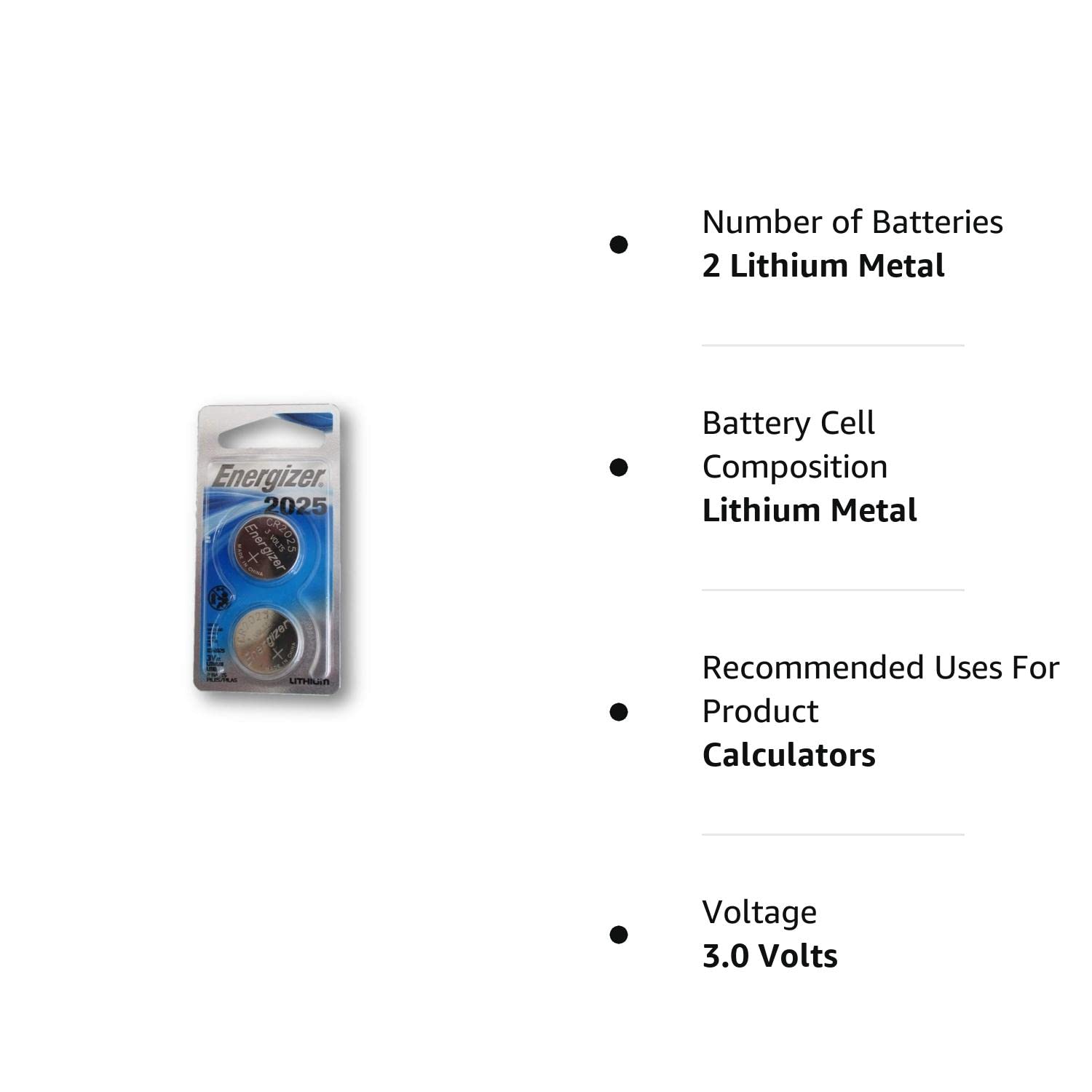 Energizer Lithium Batteries 3.0 Volt For CR2025/DL2025/LF1/3V, Pack of 2