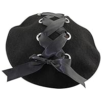 Womens French Artist Solid 100% Wool Beret Hats with Rivets Ribbon