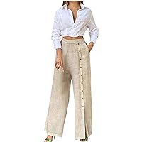 Womens Summer Outfits for Work 2 Piece Cotton Linen Sets Button Shirts Slit Palazzo Pants Two Piece Outfit Trendy