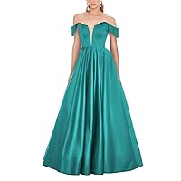 Satin Prom Dress V-Neck Long Ball Gown Off Shoulder A-Line Evening Dresses Turquoise
