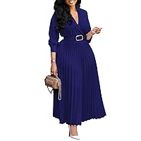 Long Sleeve Pleated Maxi Dress for Women Casual Party Wear with Belt Summer Daily Outfits