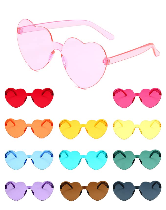HEYTOP 12 Pack Heart Shaped Rimless Sunglasses Transparent Heart Glasses Fun Candy Color Frameless Eyewears Love Heart Sunglasses Pack for Party Favors