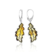 Carved leaf's Collection Cognac Color Baltic Amber long Earrings in Sterling Silver
