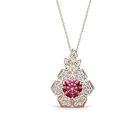 Round Pink Tourmaline & Lab Grown Diamond 1/2 ctw Women Floral Halo Pendant Necklace. Included 16 Inches Chain 14K Gold