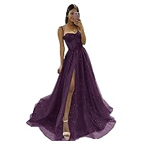 Maxianever Women's Plus Size Prom Dresses with Split Plum Floor Length Glitter Tulle Formal Evening Party Corset Gowns US24W