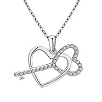 SwaraEcom White Gold Plated Round Cubic Zirconia Heart & Key Love Pendant Necklace