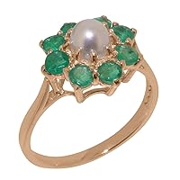 Solid 9k Rose Gold Cultured Pearl & Emerald Womens Cluster Ring - Sizes 4 to 12 Available