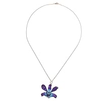 NOVICA Handmade 22k Gold Accented Natural Flower Pendant Necklace Orchid Plated Leaf No Stone Thailand Floral 'Starry Flower in Blue-Purple'