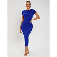 Women's Dress Solid Round Neck Bodycon Dress Women's Dress (Color : Royal Blue, Size : X-Small)