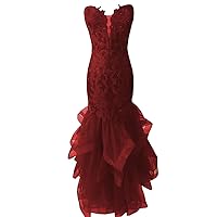 Sweetheart Mermaid Prom Dresses Evening Gowns Ruffled Applique Lace Beads Tulle Corset Back