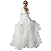 Women's Long Sleeve Beach Wedding Dress Ruffles Organza Princess Bride Gown