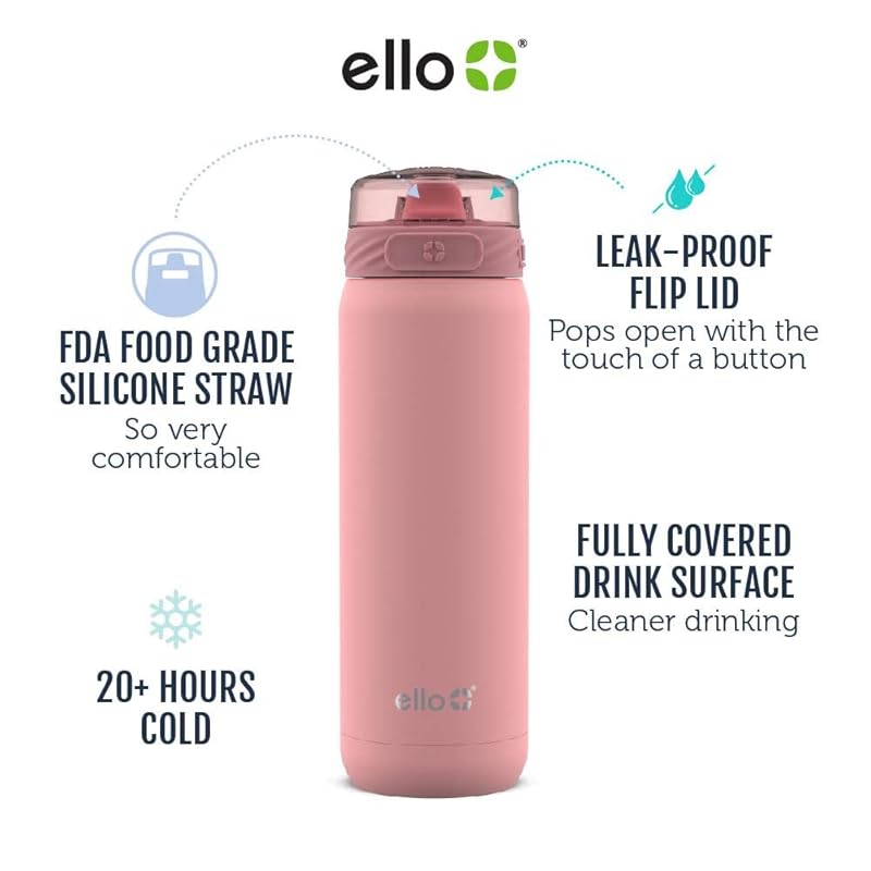 Ello Cooper Vacuum Insulated Stainless Steel Water Bottle with Soft Straw  and Carry Loop, Double Walled, Leak Proof, White, 32oz