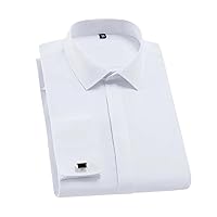 Mens French Cuffs Business Long Sleeve Dress Shirt Without Pocket Front Hidden Buttons Fit Formal Plain Shirts