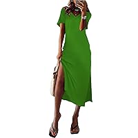 Women 2024 Casual Maxi Dress Short Sleeve V Neck Stripe Sundress Split Loose Long Summer Beach T Shirt Dresses