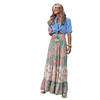 Summer High Waist Long Printed A-Line Skirt Floral Women Casual Female Elastic Holiday Skirts