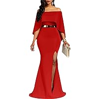 Remelon Women's Elegance Maxi Dress Off Shoulder Split Prom Dress Evening Gown Formal Dress