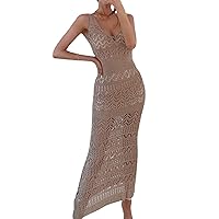 Women's Sexy Knit Backless Long Dress Hollow Out Spaghetti Strap Bodycon Maxi Dress Elegant Party Streetwear