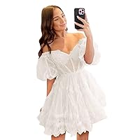 Off Shoulder Homecoming Dress Short Puffy Tulle Prom Dress Sweetheart Cocktail Party Gowns MN967