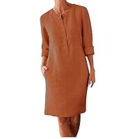 Summer Dresses for Women 2024 Casual Cotton Linen Crew Neck Midi Dress Long Sleeve Button Down Dresses with Pockets