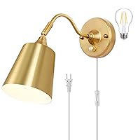 TRLIFE Wall Sconce Plug in, Dimmable Wall Sconces Adjustable Gold Wall Lights with Plug in Cord and Dimmer On/Off Knob Switch, Wall Mounted Light for Bedside Bedroom Stairway(1 Pack, Bulb Included)