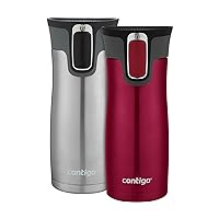 Contigo West Loop Stainless Steel Vacuum-Insulated Travel Mug with Spill-Proof Lid, 16oz 2-Pack, Very Berry & Steel Colors, Keeps Hot to 5h & Cold to 12h