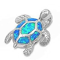 12724 Lab Created Blue Opal Beach Sea Turtle .925 Sterling Silver Pendant