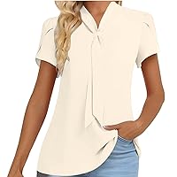 Lace Up Gym Tops for Women Short Sleeve Ruffled Summer Trendy Chiffon Solid Casual Shirts Cotton Going Out Tops Tees