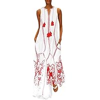 Women's Bohemian Sleeveless Long Floor Maxi Foral Print Hawai Flowy Beach Round Neck Trendy Dress Casual Summer Swing Red