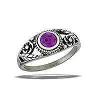 Simulated Amethyst Unique Ring Stainless Steel Bali Flower Band Sizes 7-10