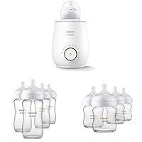 Fast Baby Bottle Warmer with Smart Temperature Control and Automatic Shut-Off, SCF358/00 & Glass Natural Baby Bottle, 8oz, 4pk, SCY913/04 & Glass Natural Baby Bottle, 4oz, 4pk, SCY910/04