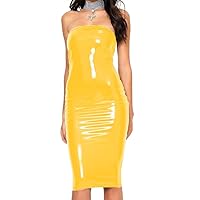 Sexy Strapless PVC Leather Women Dress Summer Faux Latex Sleeveless Bodycon Dress Elegant Slim Lady Knee Length Pencil Dress