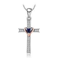 JewelryPalace Love Two Tone Cross 0.3ct Peridot Sapphire Pendant Necklace for Women, Heart Shape Gemstone Jewelry Set 925 Sterling Silver 14k White Gold Plated Necklaces for Her,18 Inch Box chain