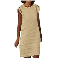 Women Ruched Cap Sleeve Cotton Linen T-Shirt Dresses Round Neck Casual Loose Solid Dressy Tunic Dress with Pockets
