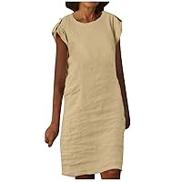 Summer Dresses for Women 2024 Cotton Linen Rolled Cap Sleeve Knee Length Dress Casual Loose Fit Crew Neck Beach Dresses