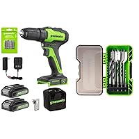 Greenworks 24V Brushless Cordless Variable Speed Drill Kit, Batteries and Charger Included, with 11-Piece Wood Drilling Bit Set
