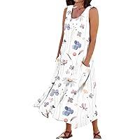 Dresses for Women 2024 Summer Sleeveless Maxi Linen Dress Casual Loose U Neck Sundress with Pockets