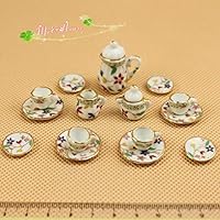 1/12 Dollhouse Miniatures Flower Tea Coffee Set Pot Cup Doll House Porcelain Set, Plum Blossom Flower; Pot H: 1 1/3
