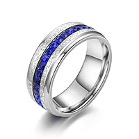 8mm Mens Women Sand Blast Finish Stainless Steel Eternity Ring Blue Cubic Zirconia Anniversary Wedding Engagement Band Size 7-12