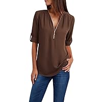 V Neck Chiffon Tshirts for Women 2024 Trendy Roll Up Long Sleeve Blouses Tops Dressy Casual 1/4 Zipper Front Solid T Shirts