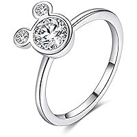 Classic 8MM Women's Mickey Shape Rings 925 Sterling Sliver Round Cut Cubic Zirconia Bezel Set Mouse Ring for Women Girl Party Jewelry