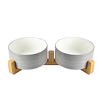 SPUNKYJUNKY Ceramic Dog and Cat Bowl Set with Wooden Stand, Modern Cute Weighted Food Water Bowl Set for Small Size Dogs (1.7 Cups, 2 × Dark Grey-White)
