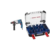 Bosch Professional GBM 13-2 RE Drill (Including Precision Drill Chuck 13 mm, Depth Stop 210 mm, in Box) + 14-Piece Expert Tough Material Hole Saw Set (for Wood with Metal, Diameter 20-76 mm, Accessories)