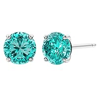 Peora 14K White Gold Created Paraiba Tourmaline Earrings, Classic Solitaire Studs, 2.50 Carats Total Round Shape AAA Grade, Friction Backs